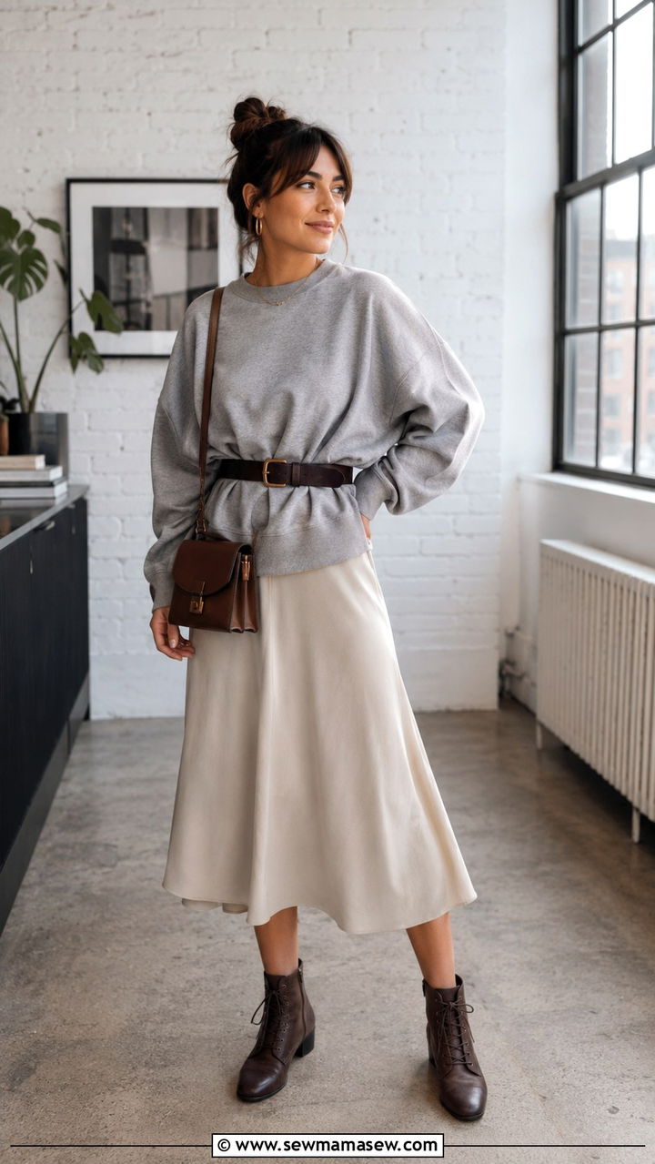 Belted sweatshirt with flowing midi skirt - 30 Spring outfits with sweatshirt