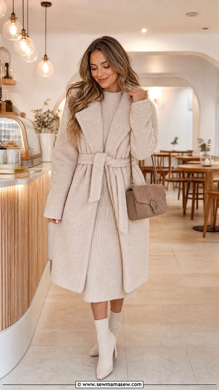 Belted teddy coat with ribbed knit dress and sock boots - 35 Belted coat outfit ideas
