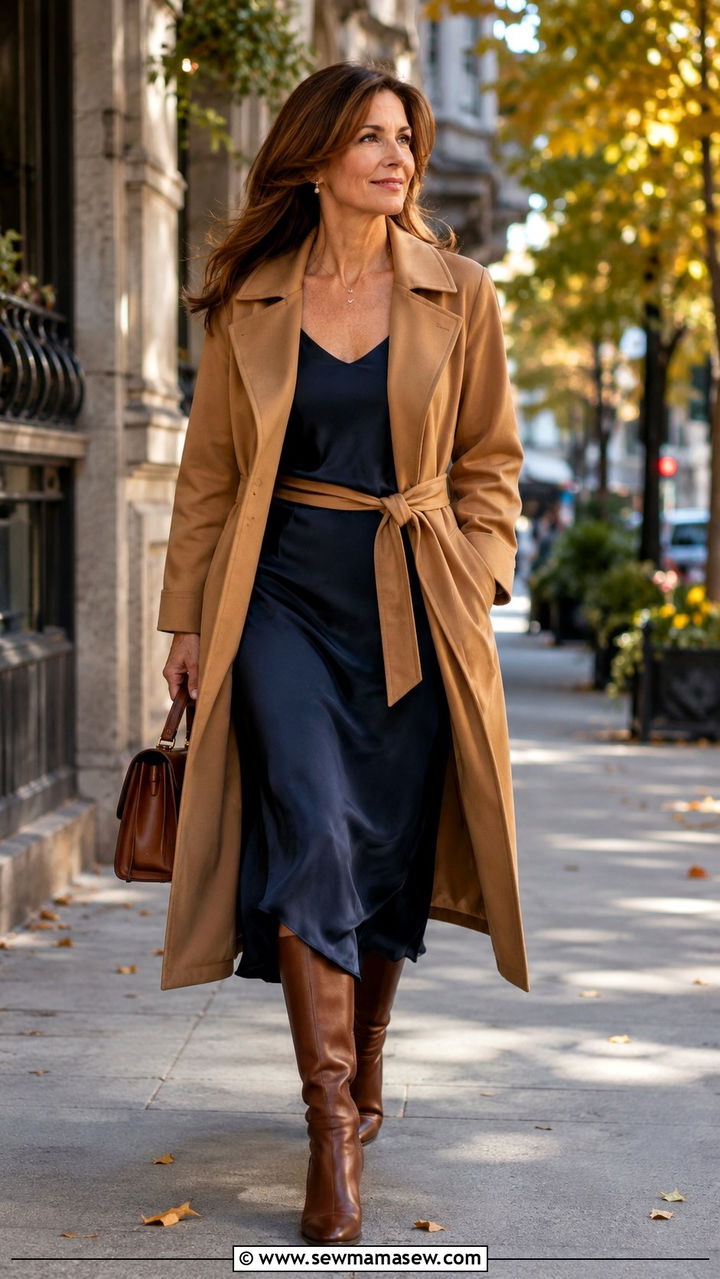 Belted trench coat over midi dress rectangle outfit - 25 Outfit ideas for rectangle over 40