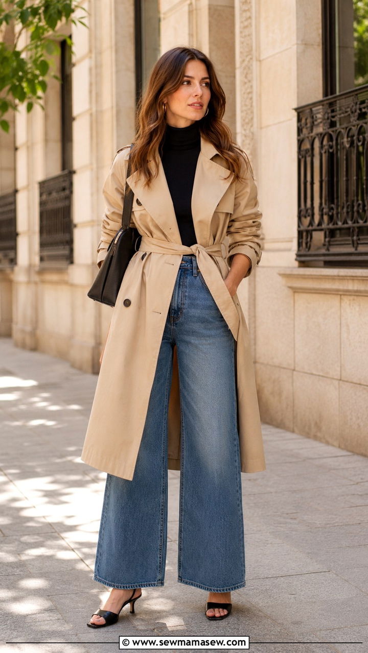 Belted trench coat wide leg jeans look - 20 Wide leg jeans outfit ideas with a trench coat
