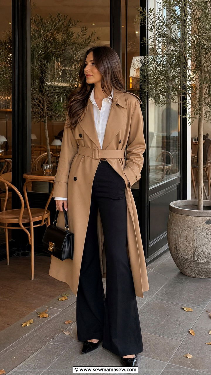 Belted trench coat with black flare jeans and pointed toe flats - 30 Flare jeans outfit ideas with a trench coat