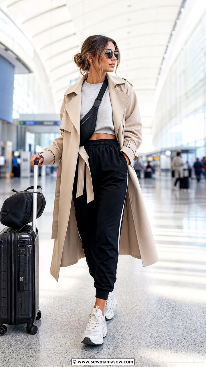 Belted trench coat with cropped sweatshirt and track pants - 35 Belted coat outfit ideas