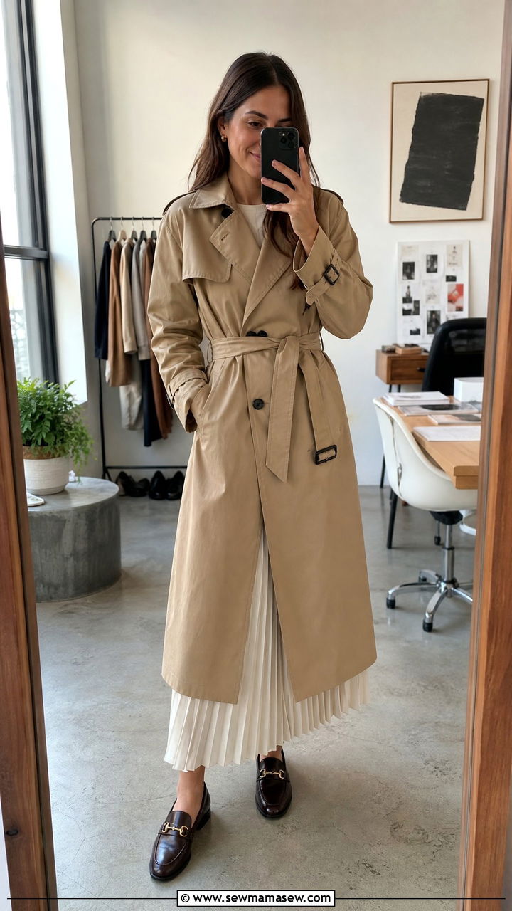Belted trench coat with pleated maxi dress and loafers - 30 Maxi dress outfit ideas with a jacket