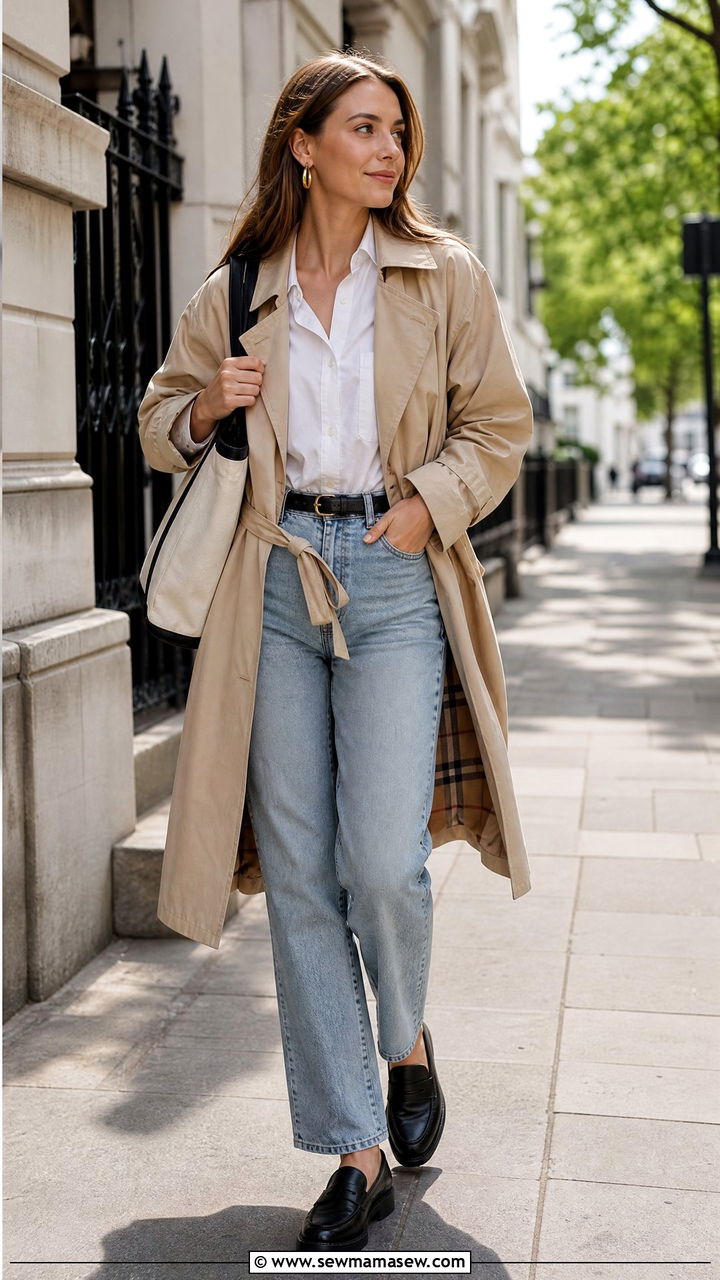 Belted trench coat with straight leg jeans - 35 Belted coat outfit ideas