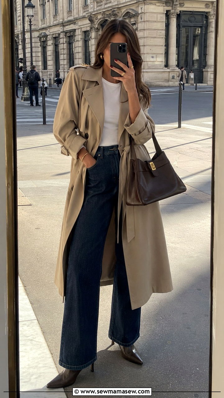 Belted trench coat with wide leg denim - 25 Wide leg pants outfit ideas with a trench coat