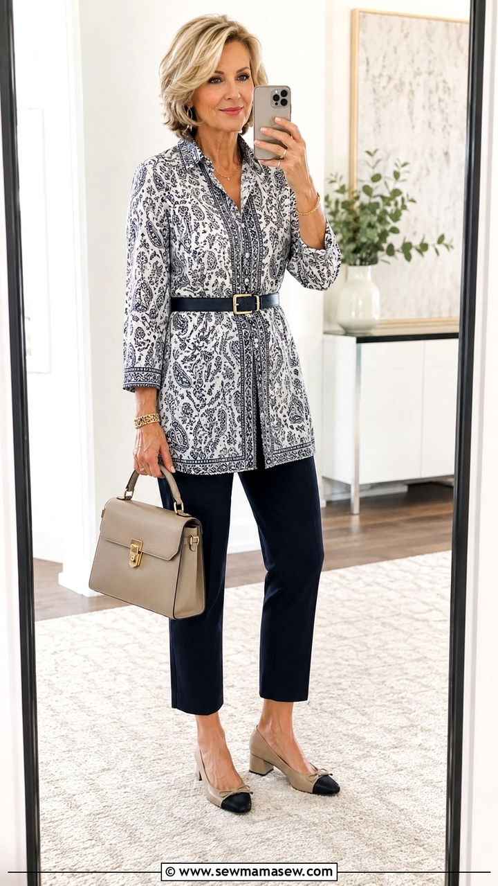 Belted tunic shirt with cropped ankle pants - 20 Work outfit ideas for women over 50 2026