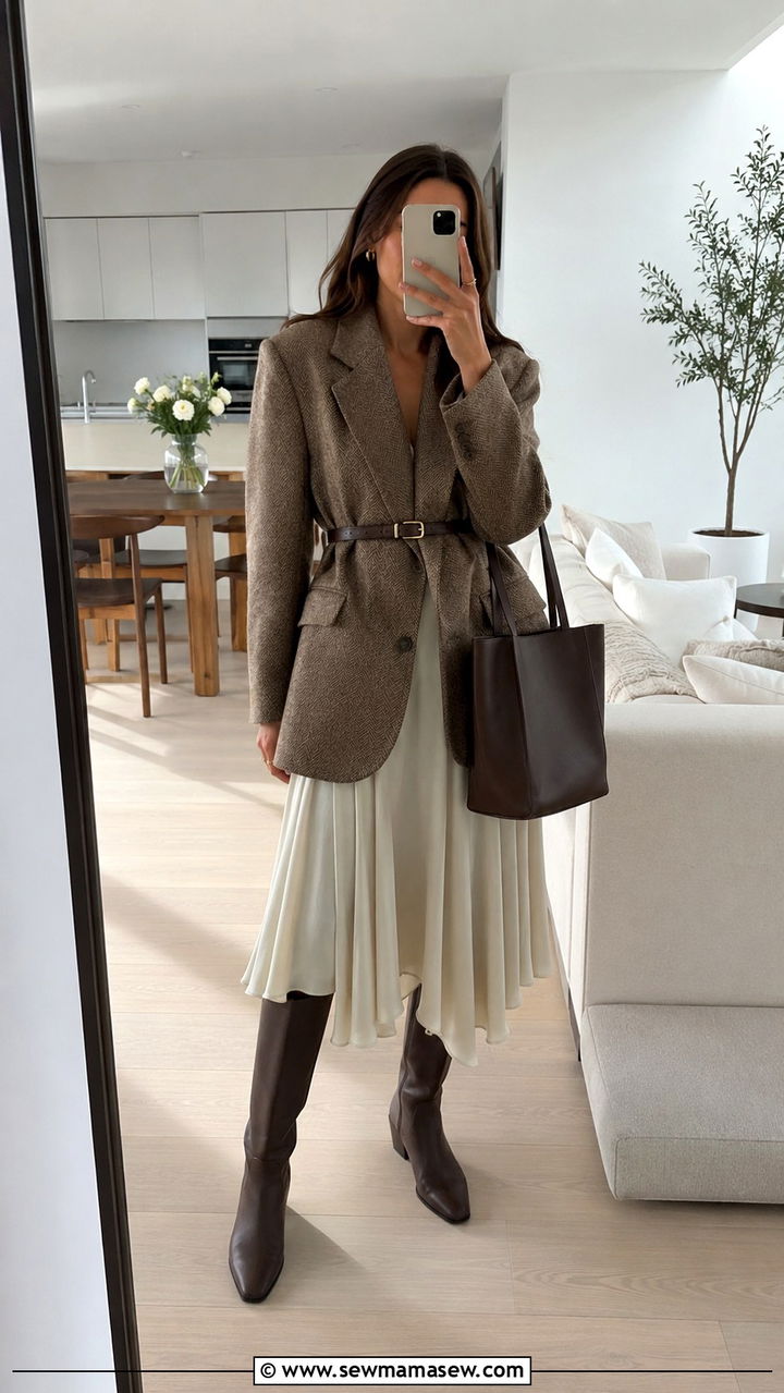 Belted tweed blazer with a flowy dress - 20 Tweed blazer outfit ideas with a dress