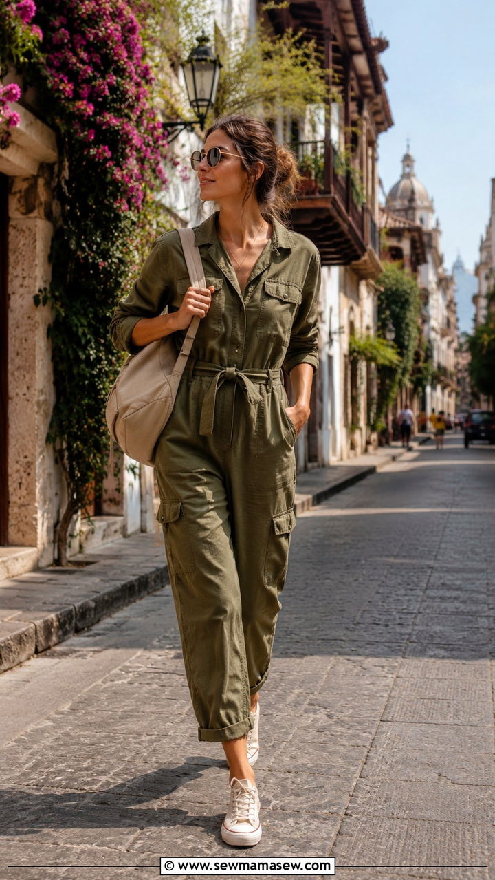 Belted utility jumpsuit with canvas sneakers and backpack for tall women - 30 Travel outfits for tall women