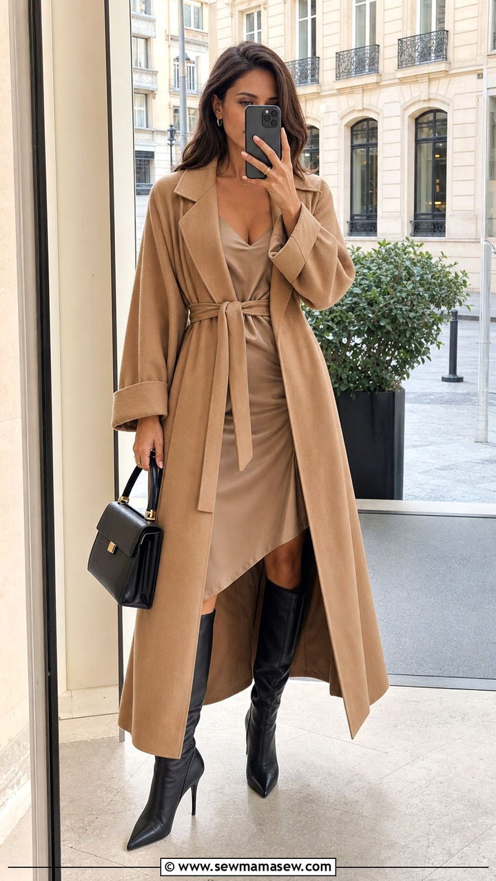 Belted wool coat over a slip dress with knee high boots - 25 classy windy day outfits
