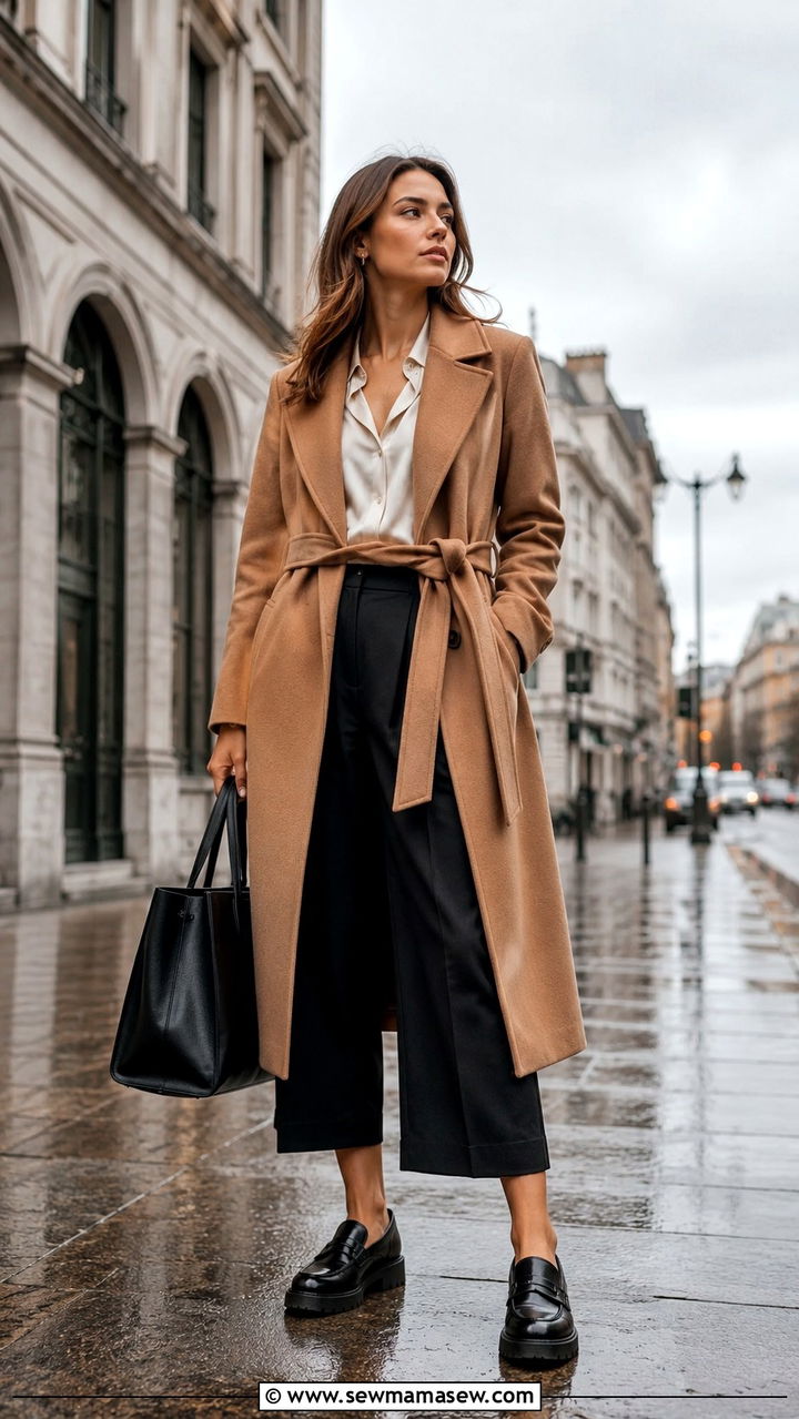 Belted wool coat with culottes and sleek loafers - 30 Overcast day outfit ideas