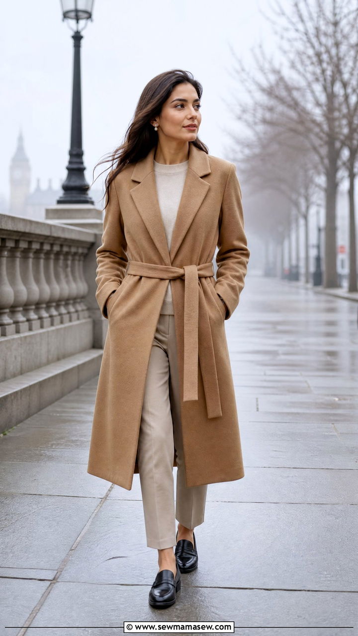 Belted wool coat with tailored trousers and loafers - 25 Foggy day outfit ideas