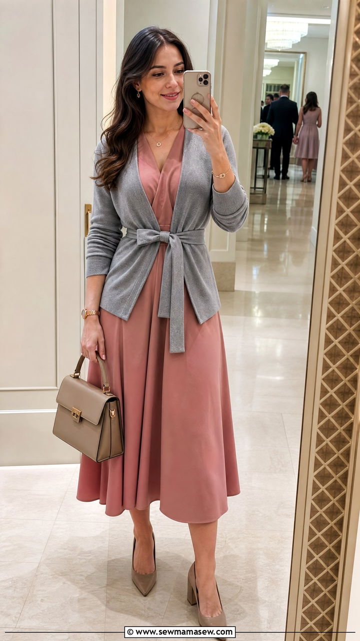 Belted wrap cardigan over A line dress for wedding - 25 How to style a cardigan for a wedding