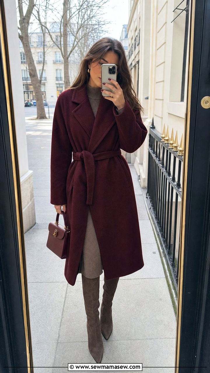 Belted wrap coat with midi dress and knee high boots - 25 classy windy day outfits