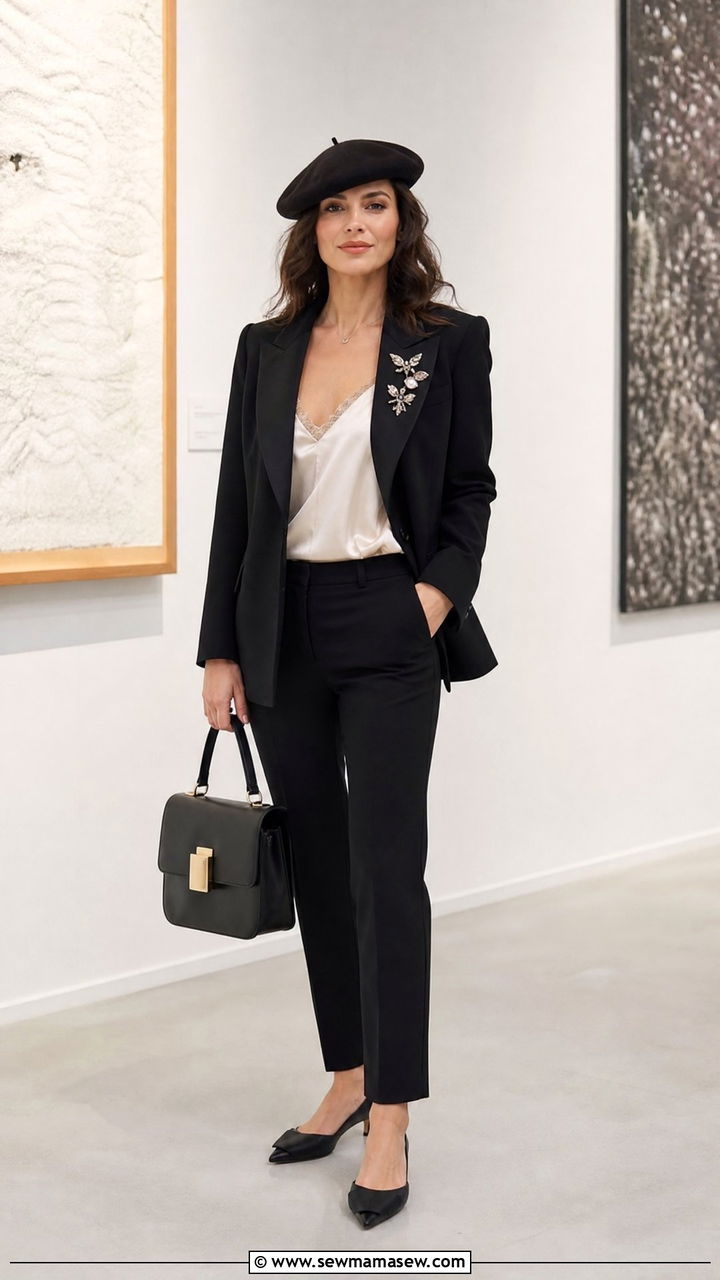 Beret And Brooch Accented Blazer With Cigarette Pants - 25 poetcore outfits inspo