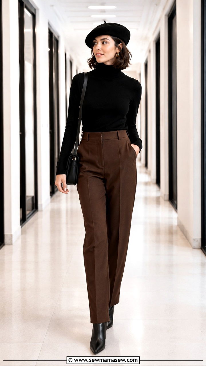 Beret With Black Turtleneck and Brown Trousers - 25 Ways to wear a beret