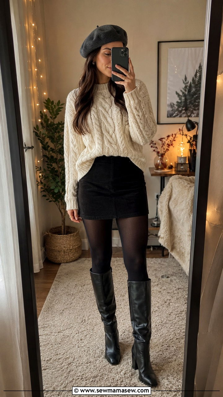 Beret With Cable Knit Sweater and Mini Skirt - 25 Ways to wear a beret