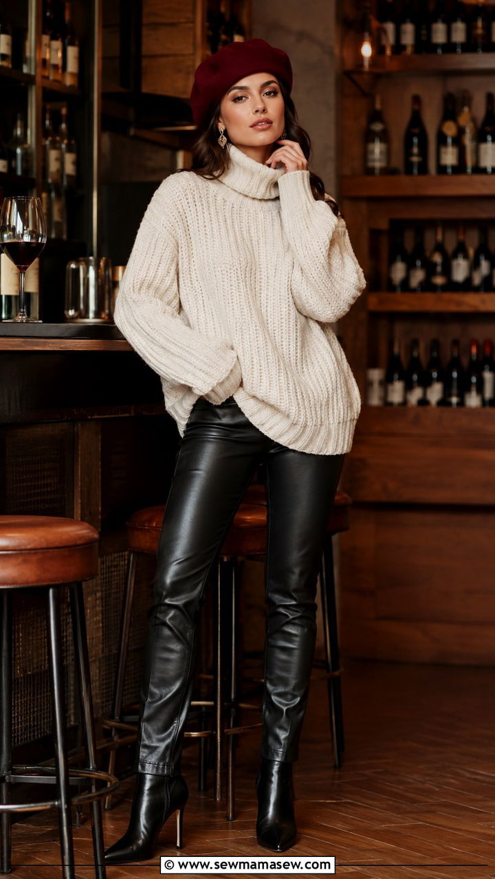 Beret With Chunky Knit Sweater and Leather Pants - 25 Ways to wear a beret