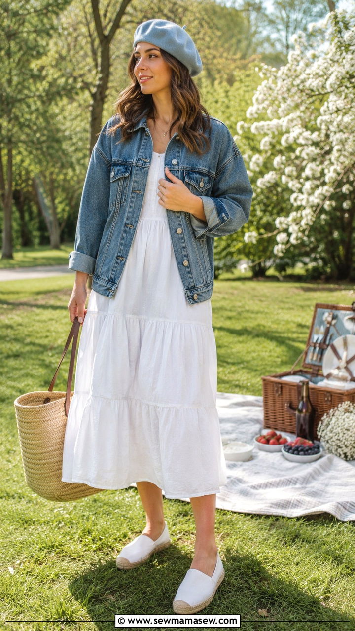 Beret With Denim Jacket and White Dress - 25 Ways to wear a beret
