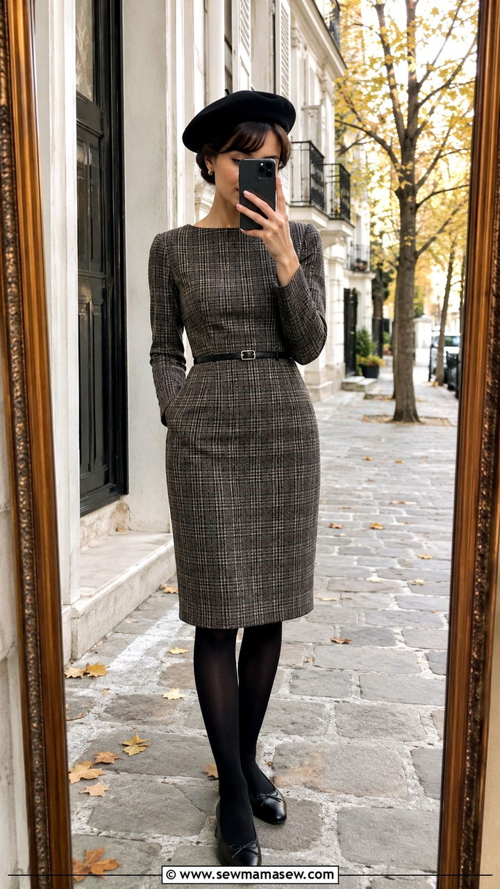 Beret With Plaid Dress and Cinched Waist Belt - 25 Audrey Hepburn outfit ideas