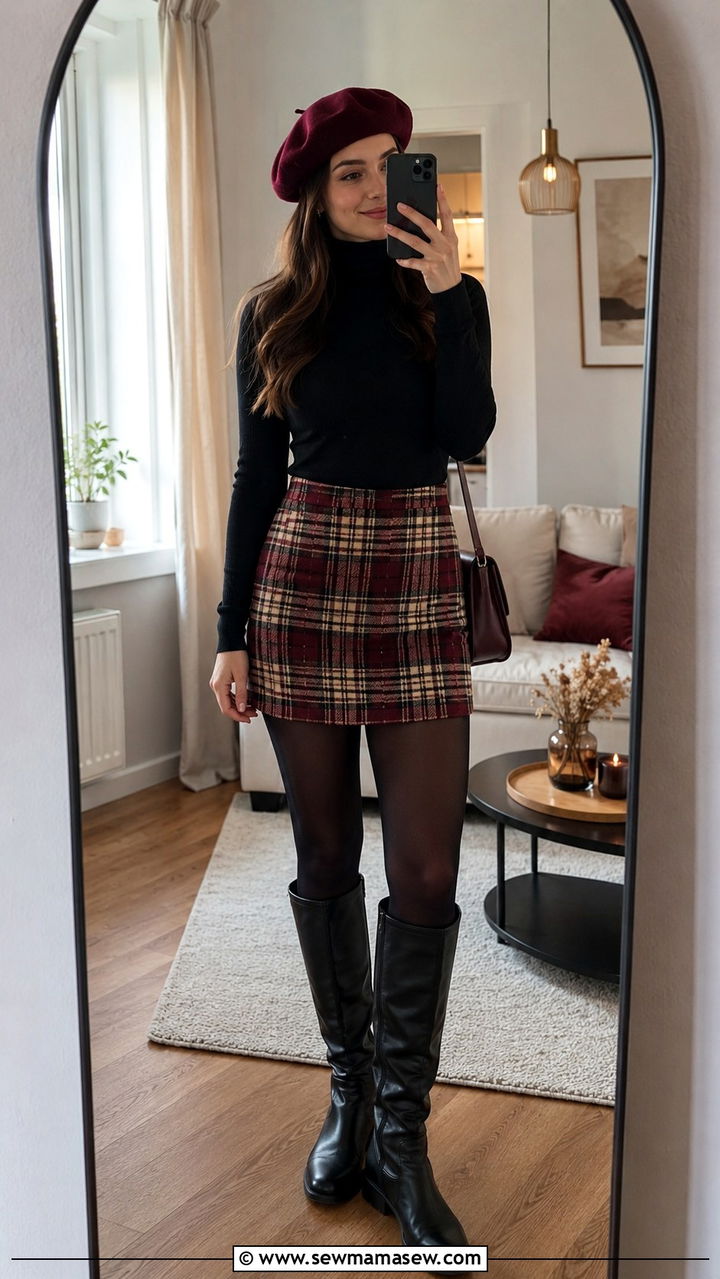 Beret With Plaid Mini Skirt and Tights - 25 Ways to wear a beret