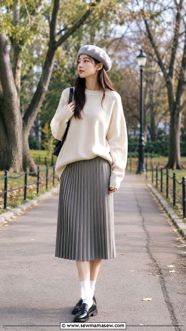 Beret With Pleated Skirt and Oversized Sweater - 25 Ways to wear a beret