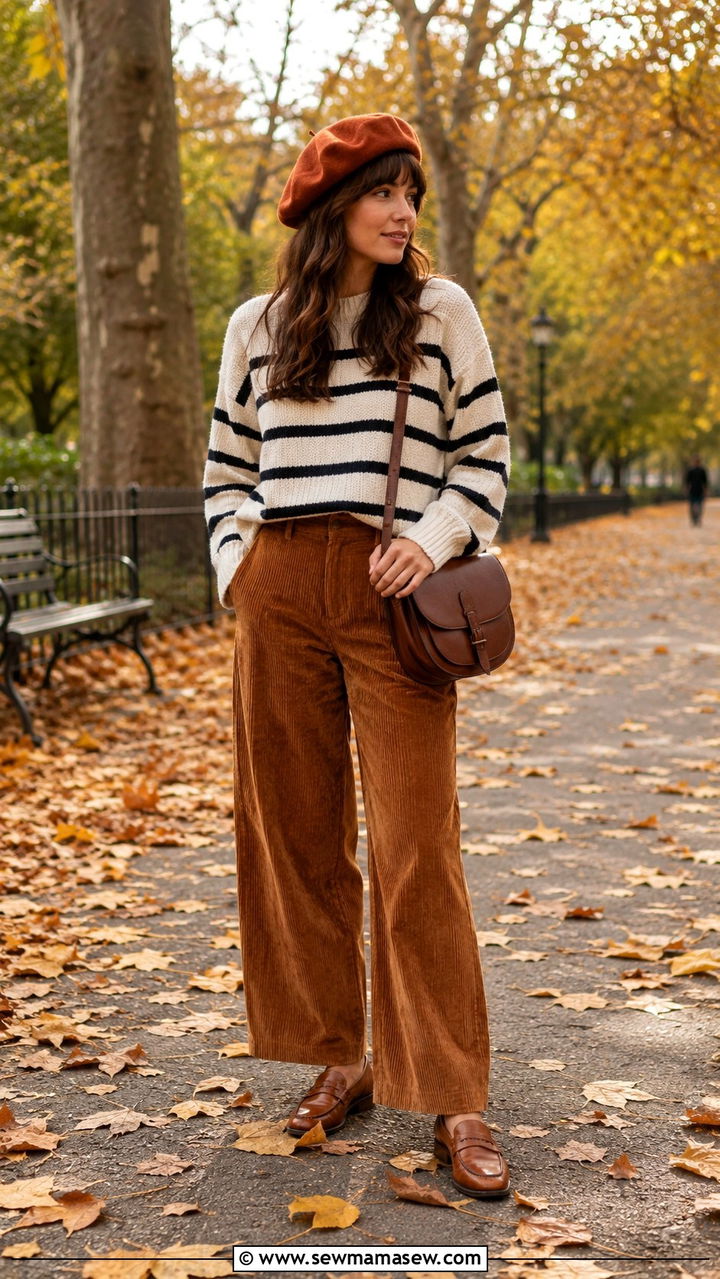 Beret With Striped Knit and Corduroy Pants - 25 Ways to wear a beret