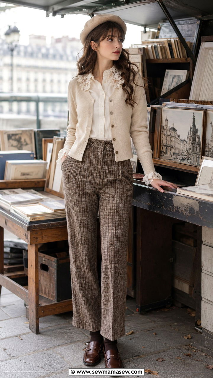 Beret with Lace Collar Blouse and Plaid Trousers - 30 Romantic academia outfit ideas