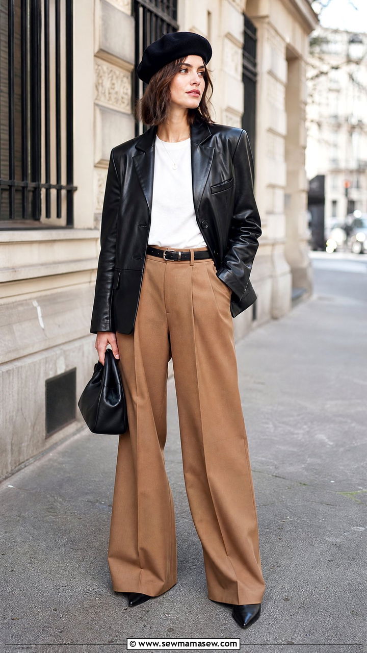Beret with a leather blazer and wide leg trousers - 35 Beret outfit ideas