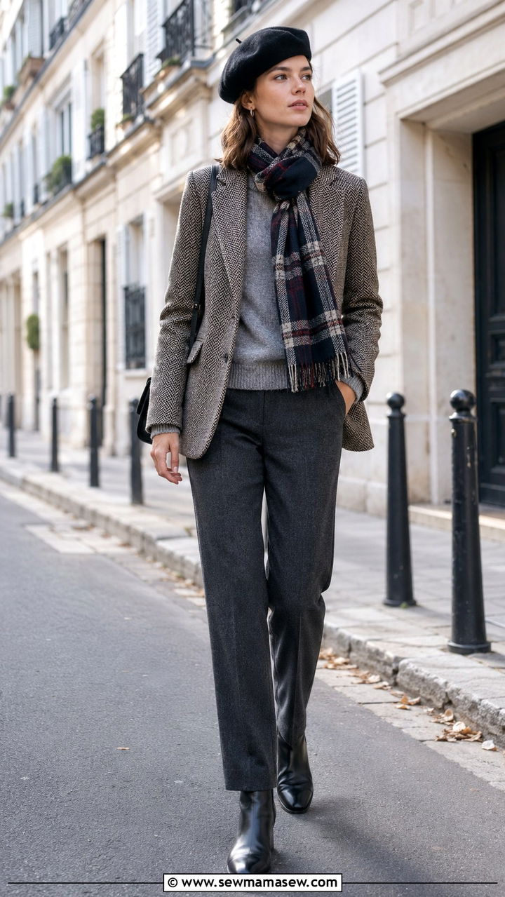 Beret with tweed jacket and wool scarf - 30 Grandma chic outfit ideas