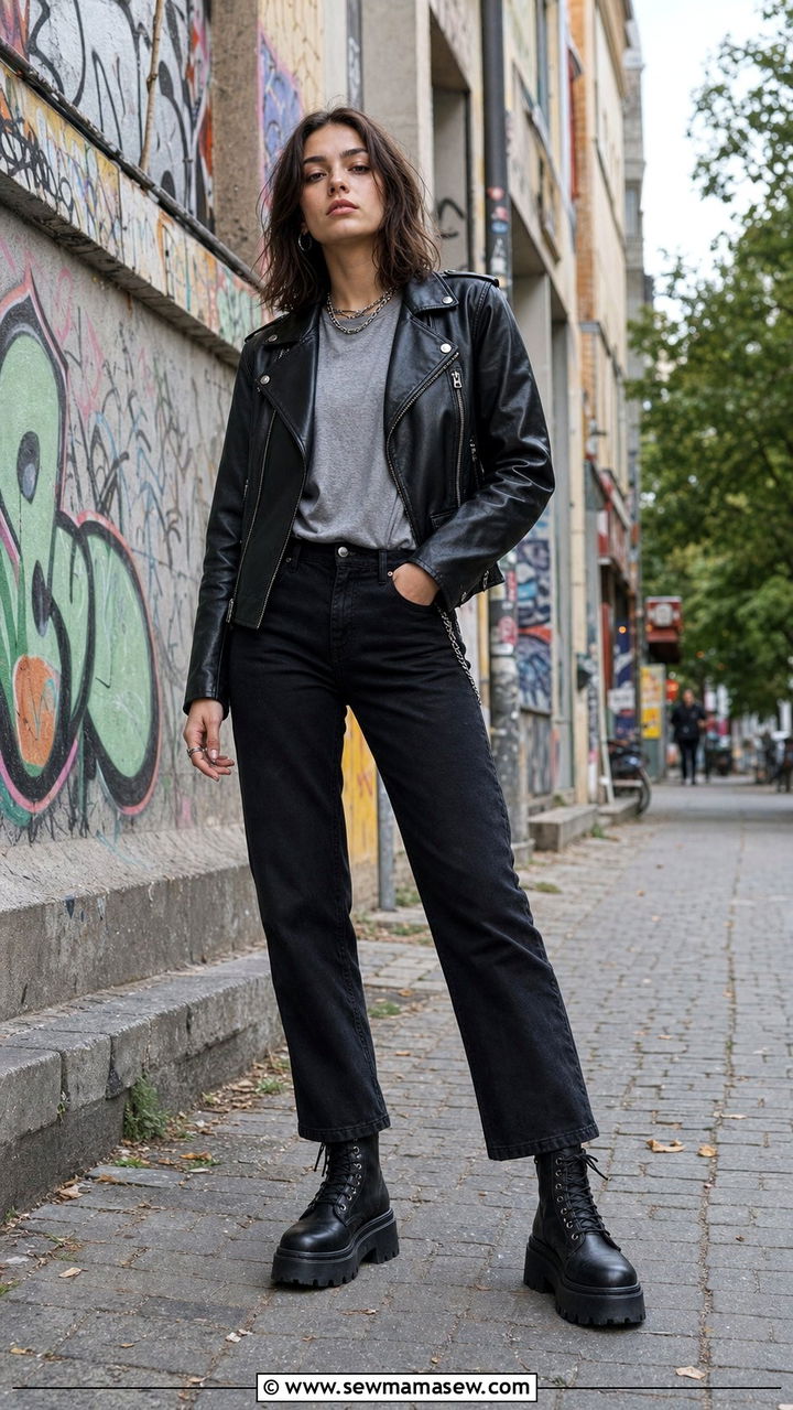 Berlin Leather Jacket with Black Denim - 25 Europe travel outfits inspo