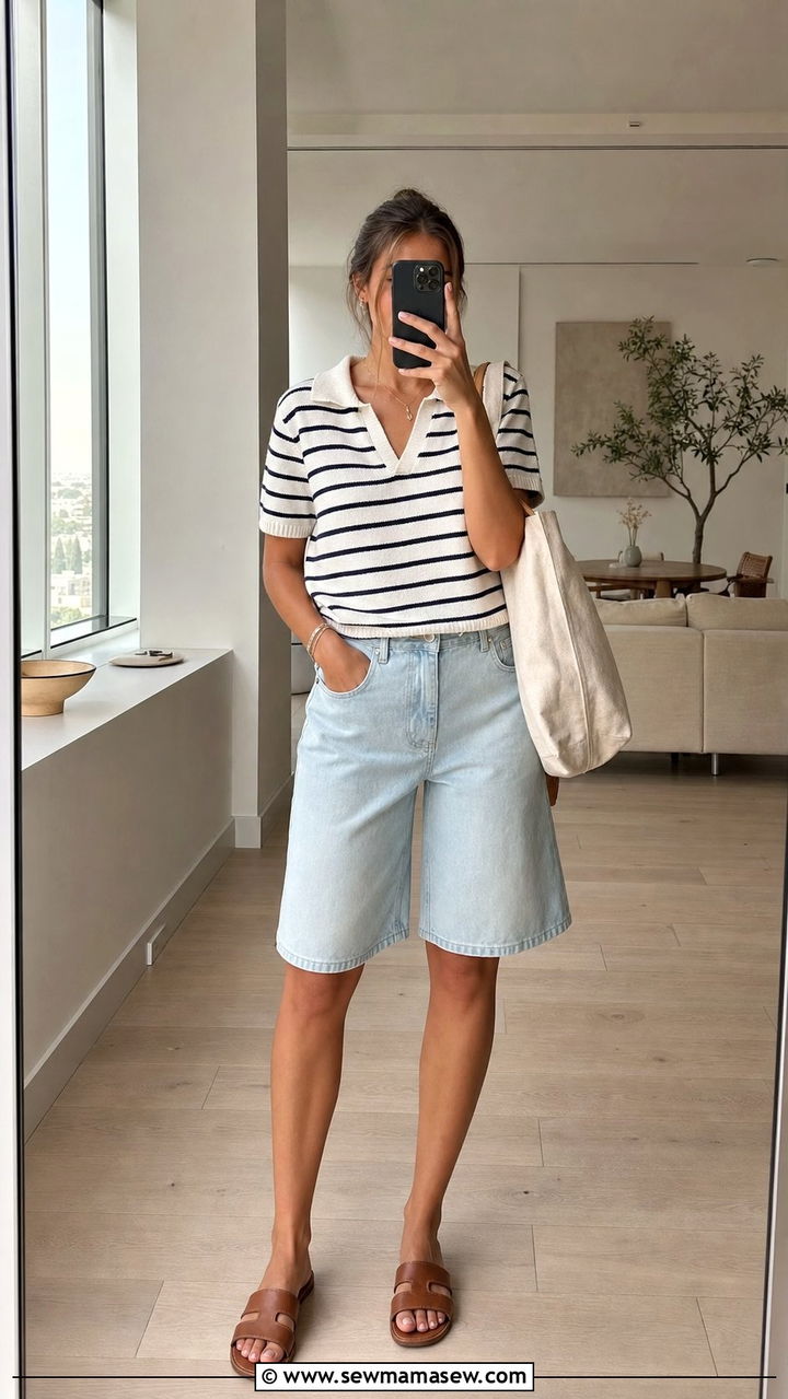 Bermuda Denim Shorts with Polo Knit Top - 25 Summer outfits for skinny women