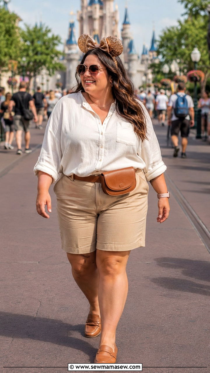 Bermuda Shorts Linen Button Down and Loafers - 30 Plus size theme park outfit ideas
