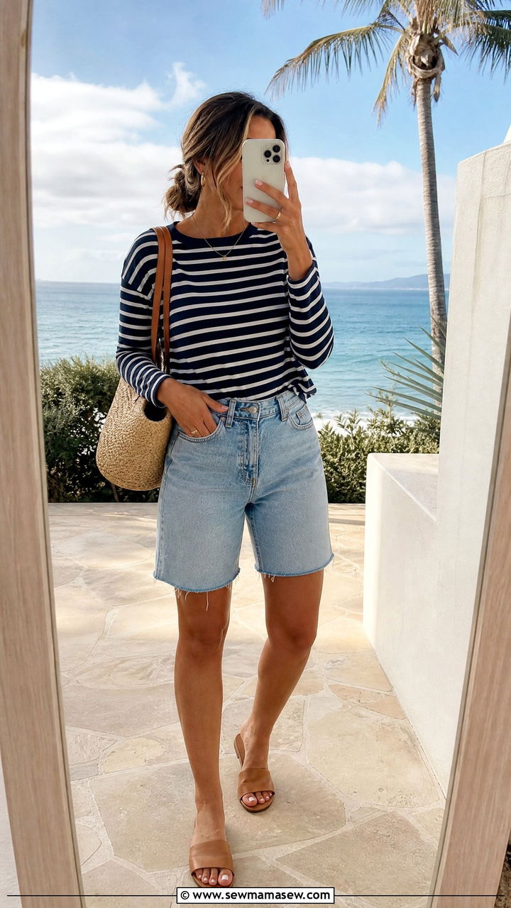 Bermuda Shorts Outfit With Breton Stripe Top - 35 bermuda shorts outfit ideas for women
