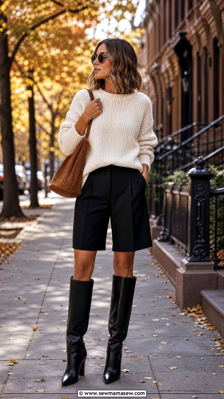 Bermuda Shorts Outfit With Chunky Knit Sweater - 35 bermuda shorts outfit ideas for women