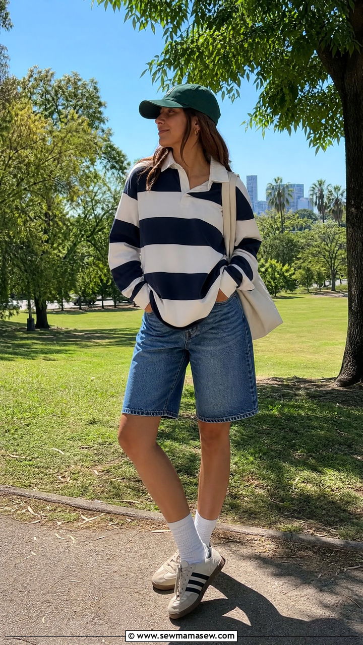 Bermuda Shorts Outfit With Rugby Shirt And Baseball Cap - 35 bermuda shorts outfit ideas for women