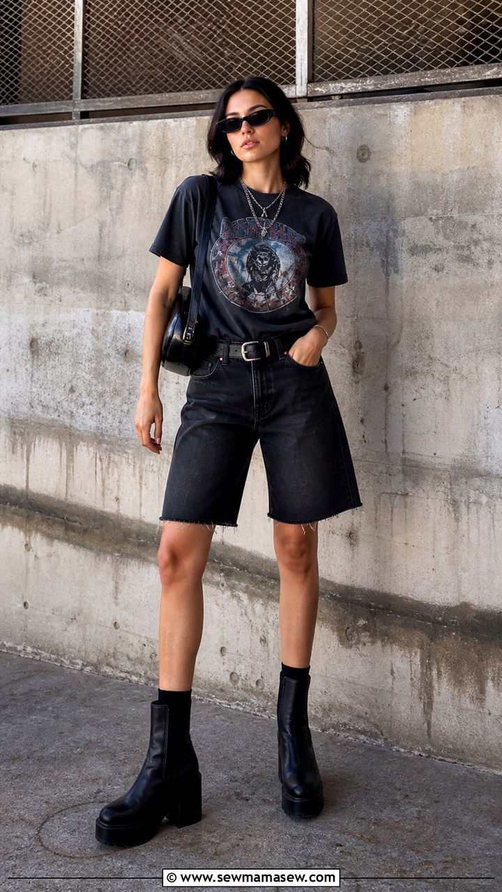 Bermuda Shorts With Band Tee And Platform Boots - 40 casual bermuda shorts outfits