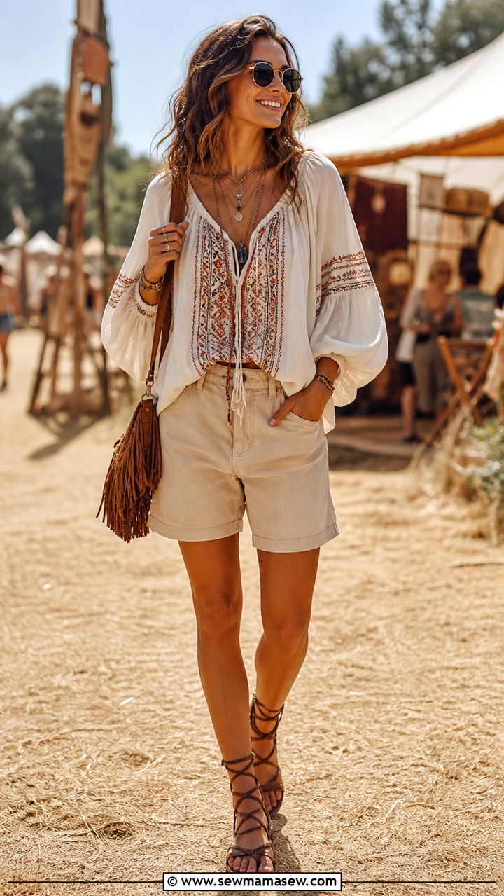 Bermuda Shorts With Boho Peasant Top And Gladiator Sandals - 40 casual bermuda shorts outfits