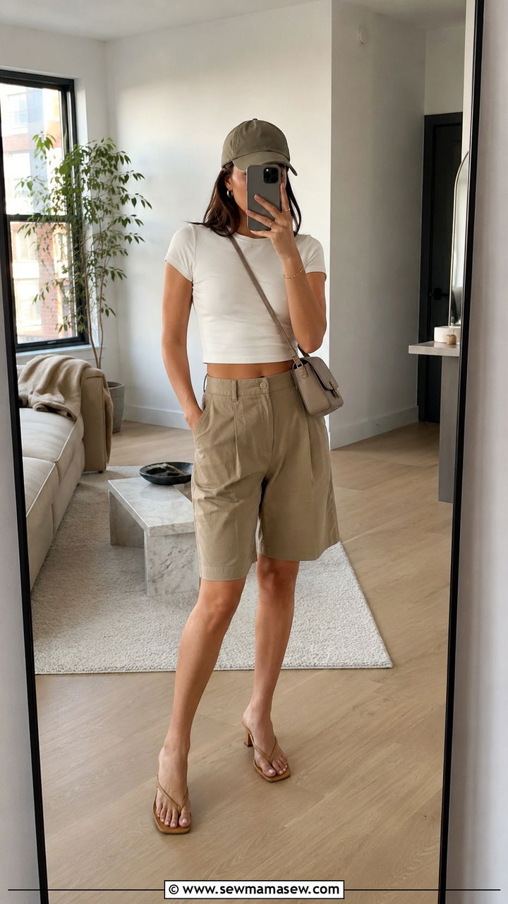 Bermuda Shorts With Cropped Tee And Heeled Flip Flops - 20 spring outfits with flip flops