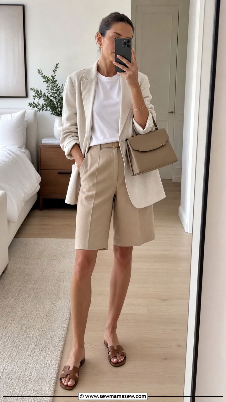 Bermuda Shorts With Linen Blazer - 30 Summer capsule wardrobe modest