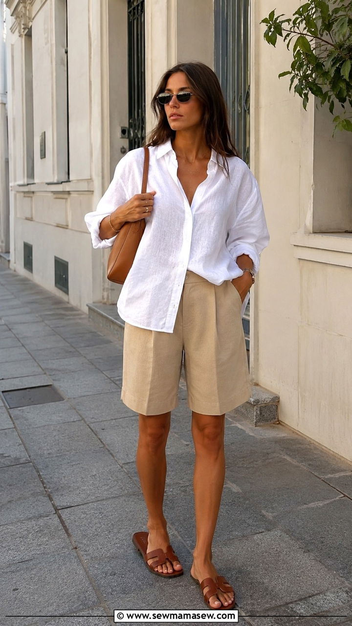 Bermuda Shorts With Oversized Linen Shirt - 20 Summer outfits for 80 degree weather