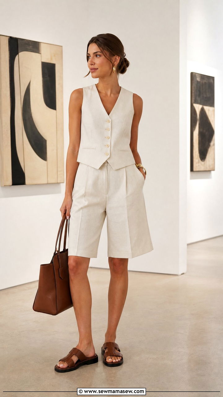 Bermuda Shorts With Tailored Vest - 30 summer trendy outfit ideas