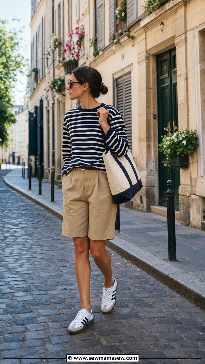 Bermuda Shorts and Striped Top with White Adidas Sambas - 25 summer outfits with adidas sambas
