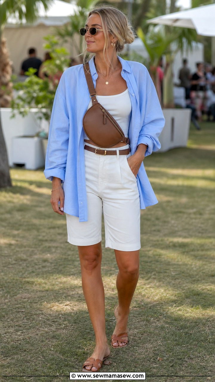 Bermuda shorts with an oversized button down shirt - 40 festival outfits ideas