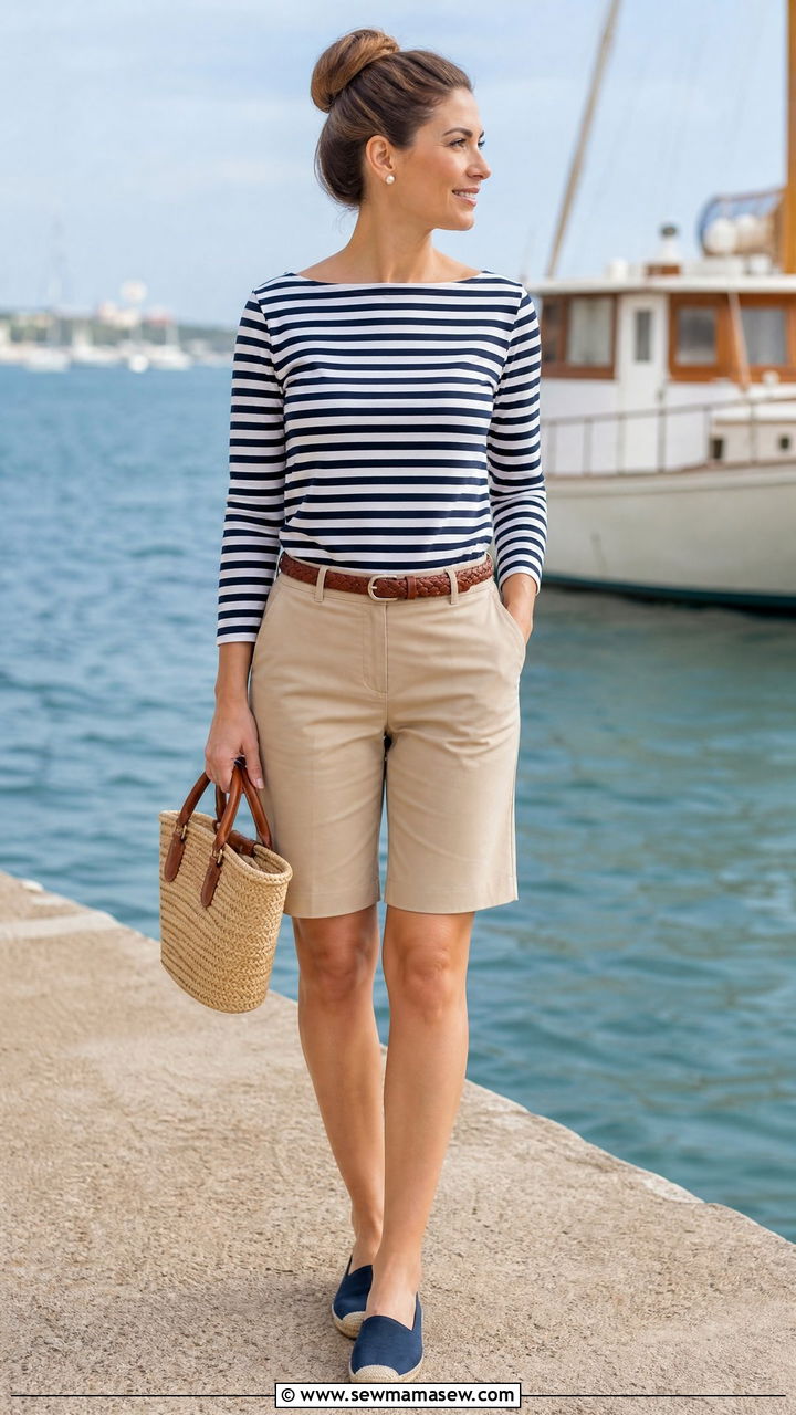 Bermuda shorts with boatneck striped top - 30 summer weekend outfit ideas