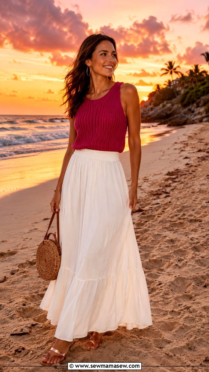 Berry Top White Maxi Skirt Tulum Sunset - 30 Tulum vacation outfit ideas