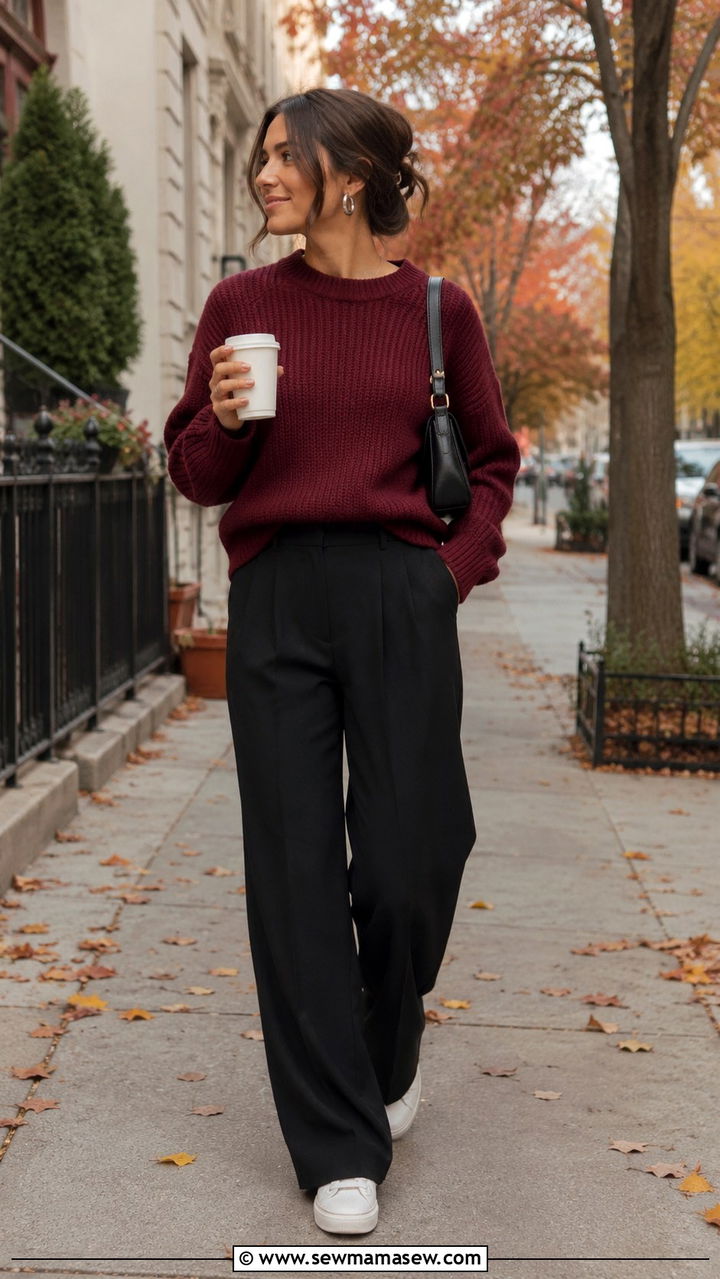 Berry knit sweater and slouchy black trousers outfit - 30 casual Pinterest outfits