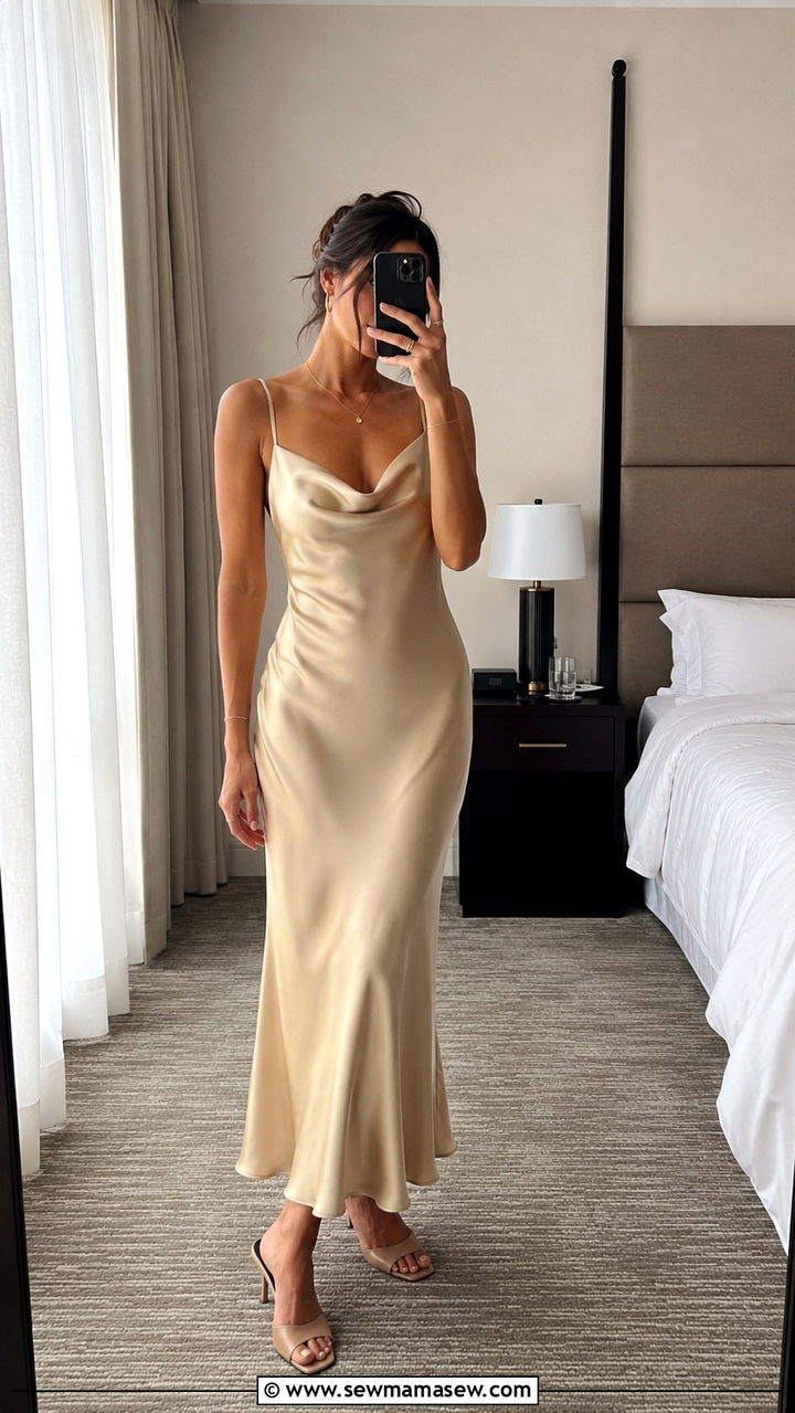 Bias Cut Slip Dress and Heeled Mules - 30 Outfit ideas for broad shoulders