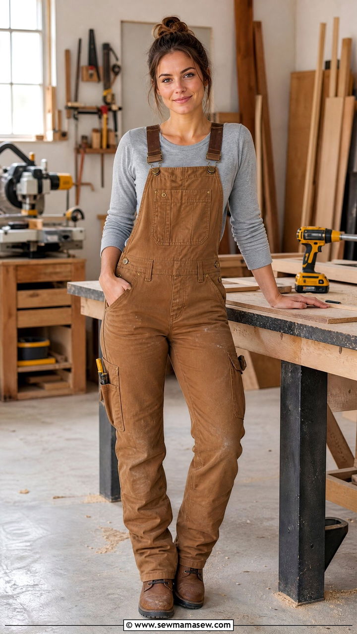 Bib Overalls with Long Sleeve Tee and Work Boots - 30 Construction site outfit ideas for women