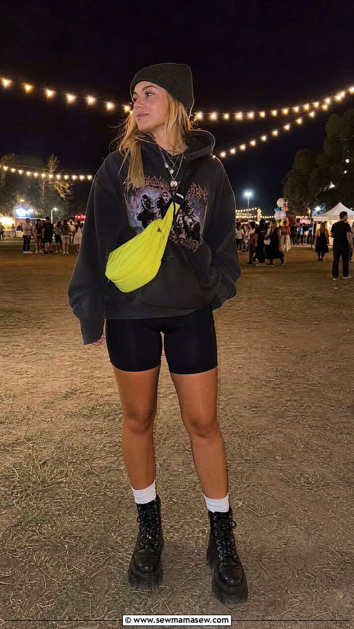 Bike Shorts And Oversized Band Hoodie Outfit - 25 Firefly Festival outfit ideas