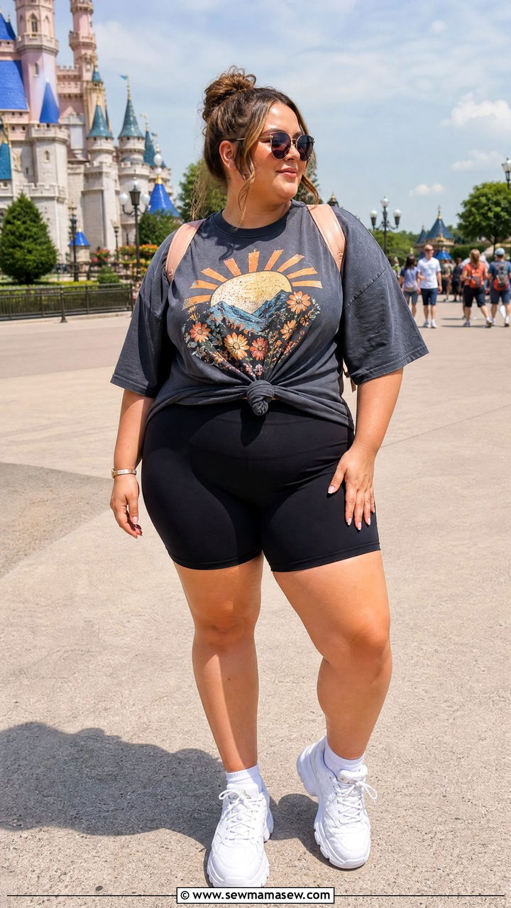 Bike Shorts Oversized Tee and Chunky Sneakers - 30 Plus size theme park outfit ideas